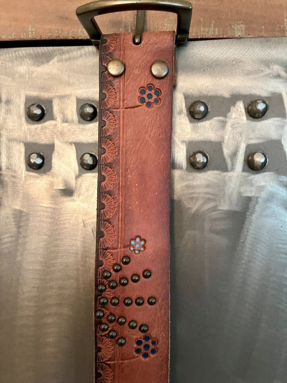 Vintage Lucky Brand Studded Turquoise Floral Leather Belt - Large - Picture 7 of 10